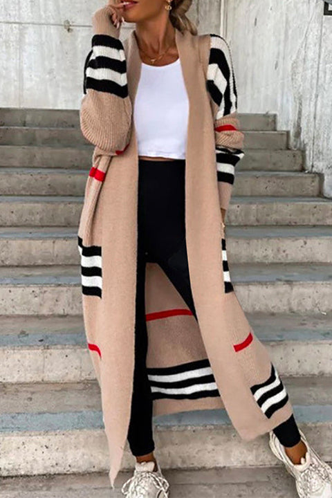 Margovil Open Front Color Block Striped Splice Long Sweater Cardigan