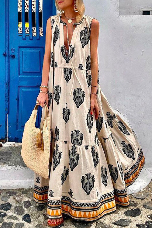 Margovil Tassle Deep V Neck Sleeveless Printed Maxi Swing Holiday Dress