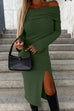 Margovil Off Shoulder Long Sleeves Slit Bodycon Midi Dress