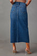 Margovil High Rise Raw Hem Slit Front Denim Midi Skirt