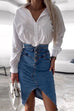 Margovil High Waist Slit Front Knee Length Denim Skirt