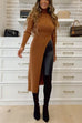 7 Colors Maillard Turtleneck High Slit Ribbed Knit Dress