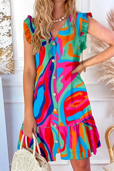 Margovil V Neck Button Up Printed Ruffle A-line Dress