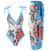 Margovil Floral Print V Neck Tie Shoulder One-piece Swimwear and Wrap Cover Up Skirt Set