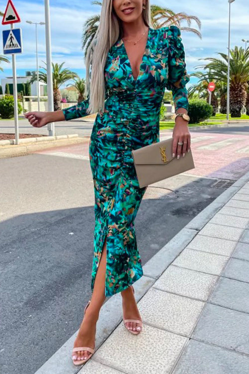 Margovil Deep V Neck Long Sleeve Ruched Slit Printed Bodycon Dress