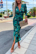 Margovil Deep V Neck Long Sleeve Ruched Slit Printed Bodycon Dress