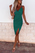 Margovil Cross V Neck Ruched Slit Midi Cami Party Dress