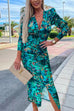 Margovil Deep V Neck Long Sleeve Ruched Slit Printed Bodycon Dress