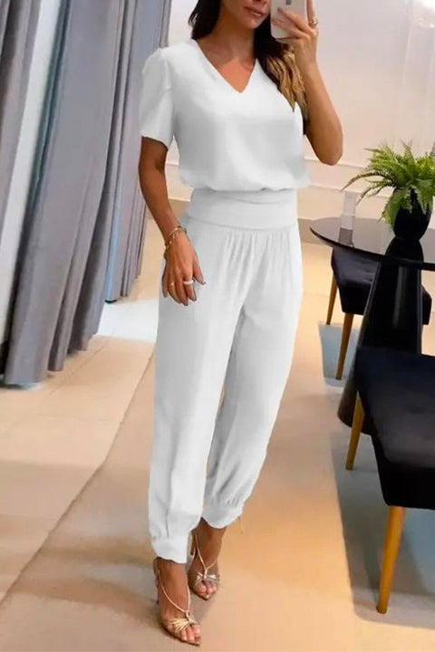 Margovil V Neck Short Sleeve Top High Waist Tapered Pants Set