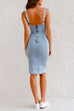 Margovil Adjustable Straps U Neck Slit Denim Bodycon Cami Dress