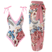 Margovil Floral Print V Neck Tie Shoulder One-piece Swimwear and Wrap Cover Up Skirt Set