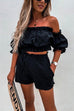 Margovil Ruffle Off Shoulder Short Sleeves Crop Top Elastic Waist Shorts Set