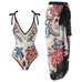 Margovil Floral Print V Neck Tie Shoulder One-piece Swimwear and Wrap Cover Up Skirt Set