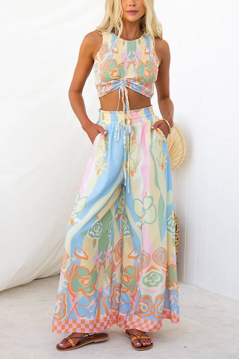 Drawstring Elastic Waist Printed Wide Leg Palazzo Pants