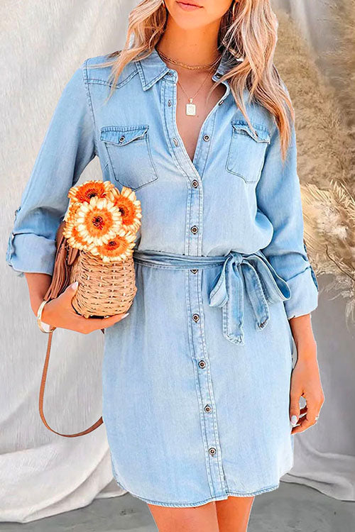 Margovil Rolled Up Long Sleeves Tie Waist Denim Shirt Dress