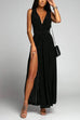 Margovil V Neck Sleeveless Back Criss Cross High Slit Maxi Party Dress