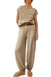 Margovil Short Sleeves Ribbed Knit Pullover Ruched Harem Pants Set